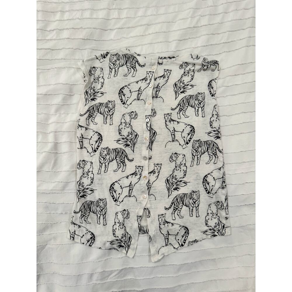 Linen Safari Cat Print Button Back Tank Top Women’s Medium Art Graphic Whimsical - Picture 7 of 10